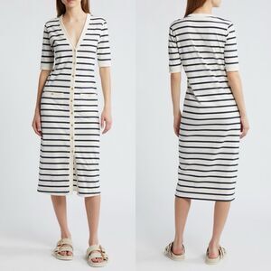 FRAME Stripe Henley Organic Cotton White Navy Nautical Gold Button Midi Dress M
